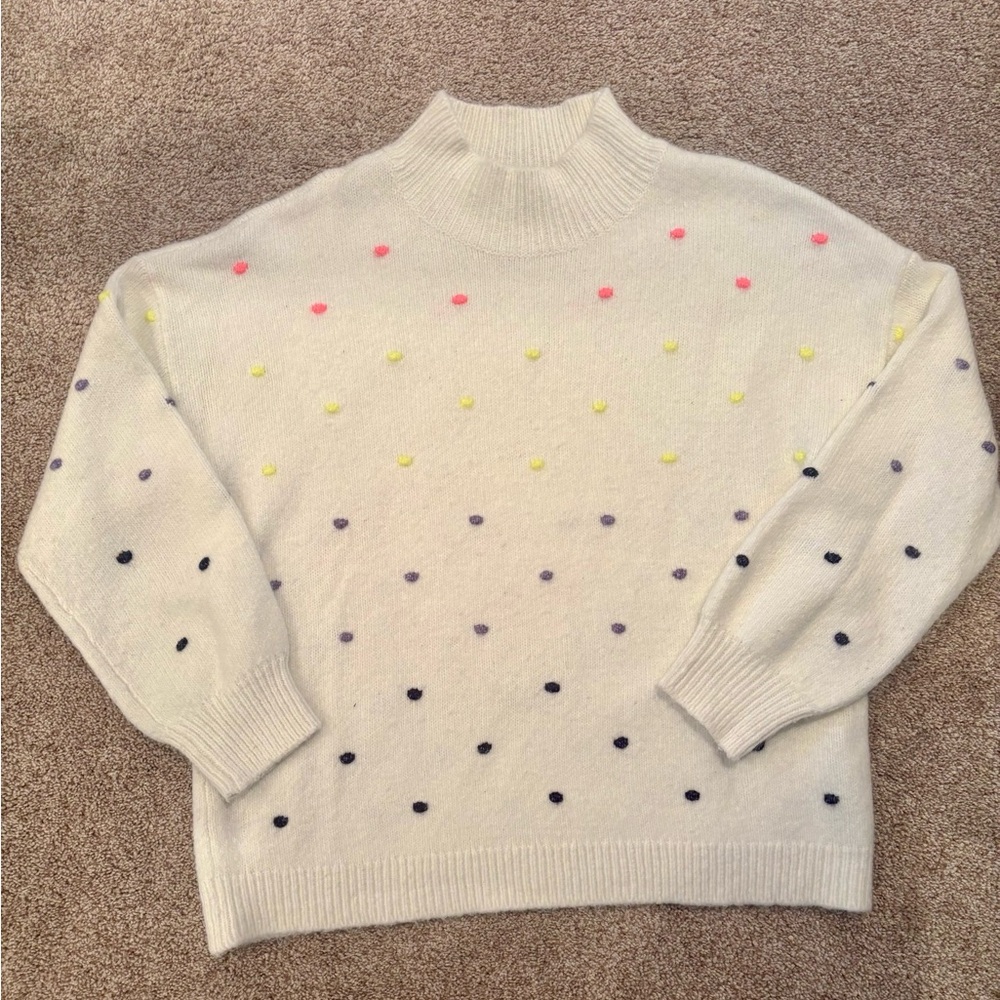 LOFT White and Pink Cowl Neck Sweater with Playful Polka Dots